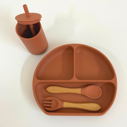 Silicon Suction Toddler Plate with Fork and Spoon- Mustard Orange