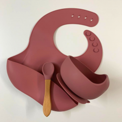 Silicone Bowl + Bib + Spoon – Rose Pink