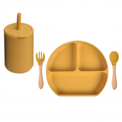 Silicon Suction Toddler Plate with Fork,  Spoon, Glass lid and straw- Yellow