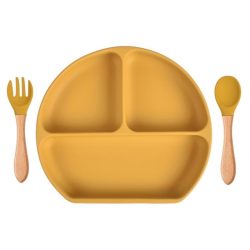 Silicon Suction Toddler Plate with Fork,  Spoon, Glass lid and straw- Yellow